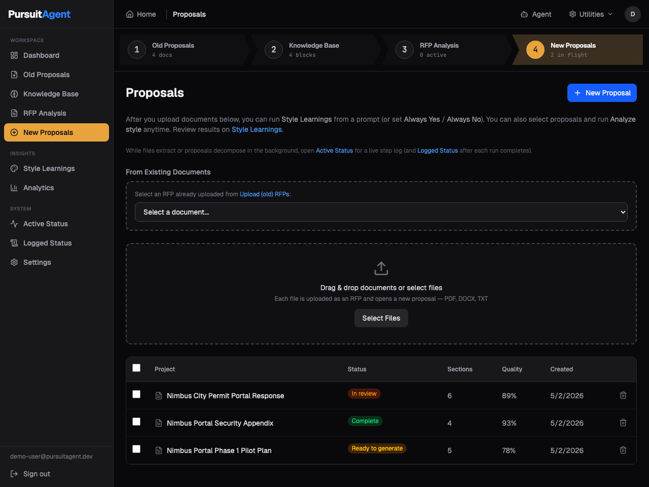 PursuitAgent proposal builder page with demo proposal workflow